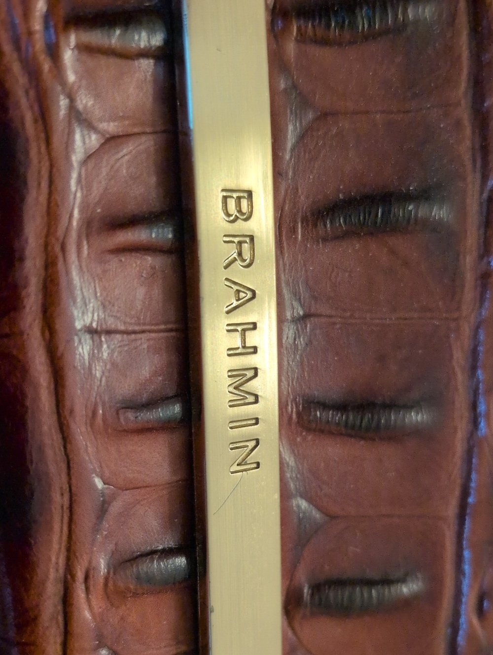 Brahmin Chocolate Brown Croc-Embossed Leather Bag with Gold Bar Accent